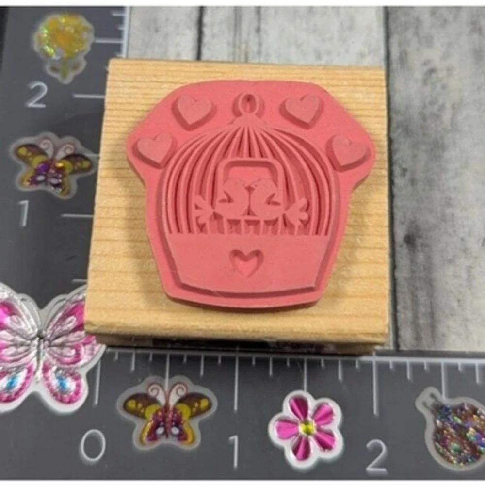 CraftSmart Love Birds Hearts Cage Rubber Stamp Wood #F31
